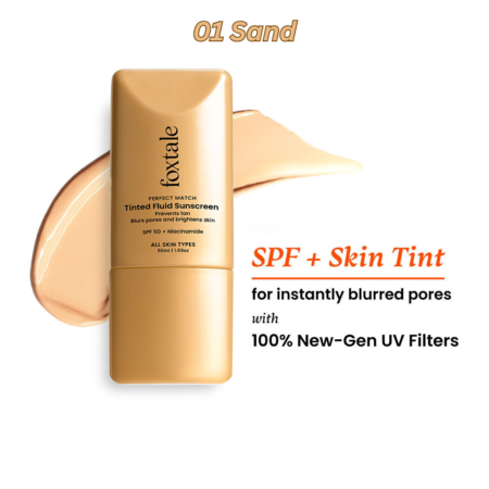 Foxtale SPF 50 PA+++ Tinted Fluid Sunscreen, Blurs Pores & Evens Skin Tone, 6 Shades - 01 Sand - 50ml