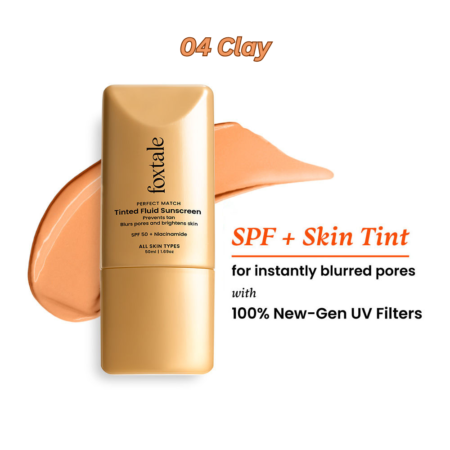 Foxtale SPF 50 PA+++ Tinted Fluid Sunscreen, Blurs Pores & Evens Skin Tone, 6 Shades - 04 Clay - 50ml
