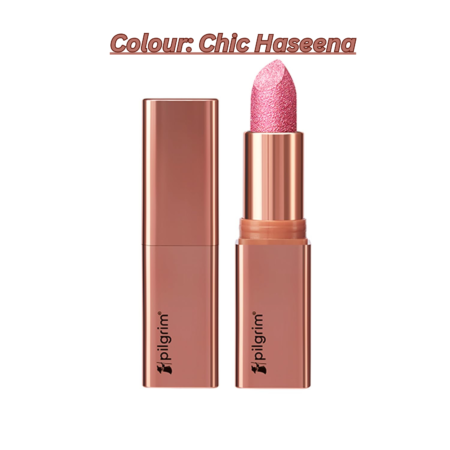 Pilgrim Glitter Lipstick For Women 4.2gm | Dubai Luxe Lifestyle - Chic Haseena Shade | Lipstick Infused with Vitamin E & Olive Oil | Glitter Formula With Matte Finish | Non Drying | All Skin Types