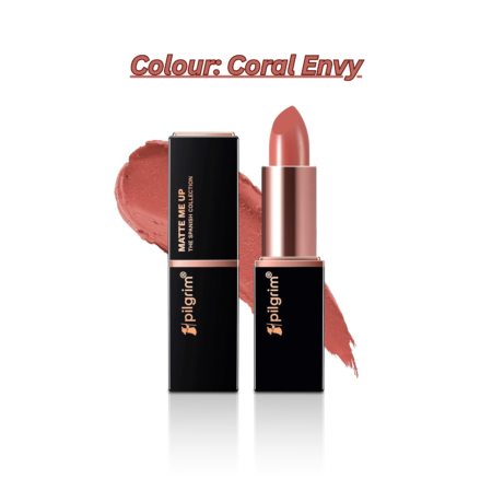 Pilgrim Matte Me Up Bullet Lipstick 4.2g | Creamy, Lightweight, Bold, Non Drying | SPF 30 | Enriched With Hyaluronic Acid & Spanish Squalane | Lipstick for dusky skin tone | Coral Envy-01