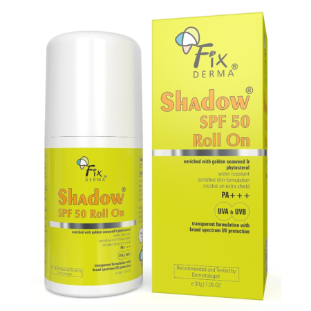 Fixderma Shadow Sunscreen SPF 50 Roll On Pa+++ | Transparent with Broad Spectrum UVA & UVB Protection | Lightweight | Water Resistant | For Sensitive Skin | Sunscreen for Women & Men | 30gm