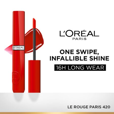L'Oréal Paris Infallible Laque Resistance Lacquer-Like Shine Finish. 16H longwear lacquer lipstick. High-impact color, zero transfer - 420 Le Rouge Paris, 4ml