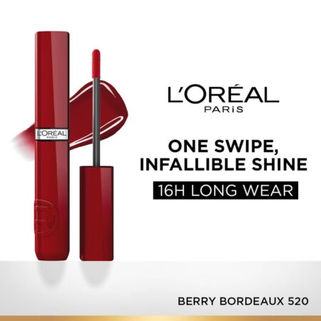 L'Oréal Paris Infallible Laque Resistance Lacquer-Like Shine Finish. 16H longwear lacquer lipstick. High-impact color, zero transfer - 520 Berry Bordeaux, 4ml