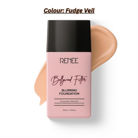 RENEE Bollywood Filter Blurring Matte Finish Liquid Foundation -Fudge Veil | Lightweight, Full Coverage | Blurs Pores, Evens Skin Tone, Hydrates | With Hyaluronic Acid & Niacinamide | 30 ml