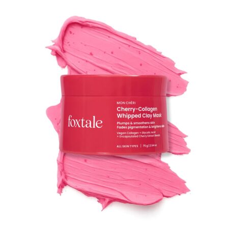 Foxtale Cherry-Collagen Whipped Clay Mask | Vegan Collagen + Glycolic Acid + PHA + Cherry Beads | Hydrates, Plumps & Firms Skin | Detoxifies Pores, Brightens & Smooths Dull, Uneven Skin | 100ml